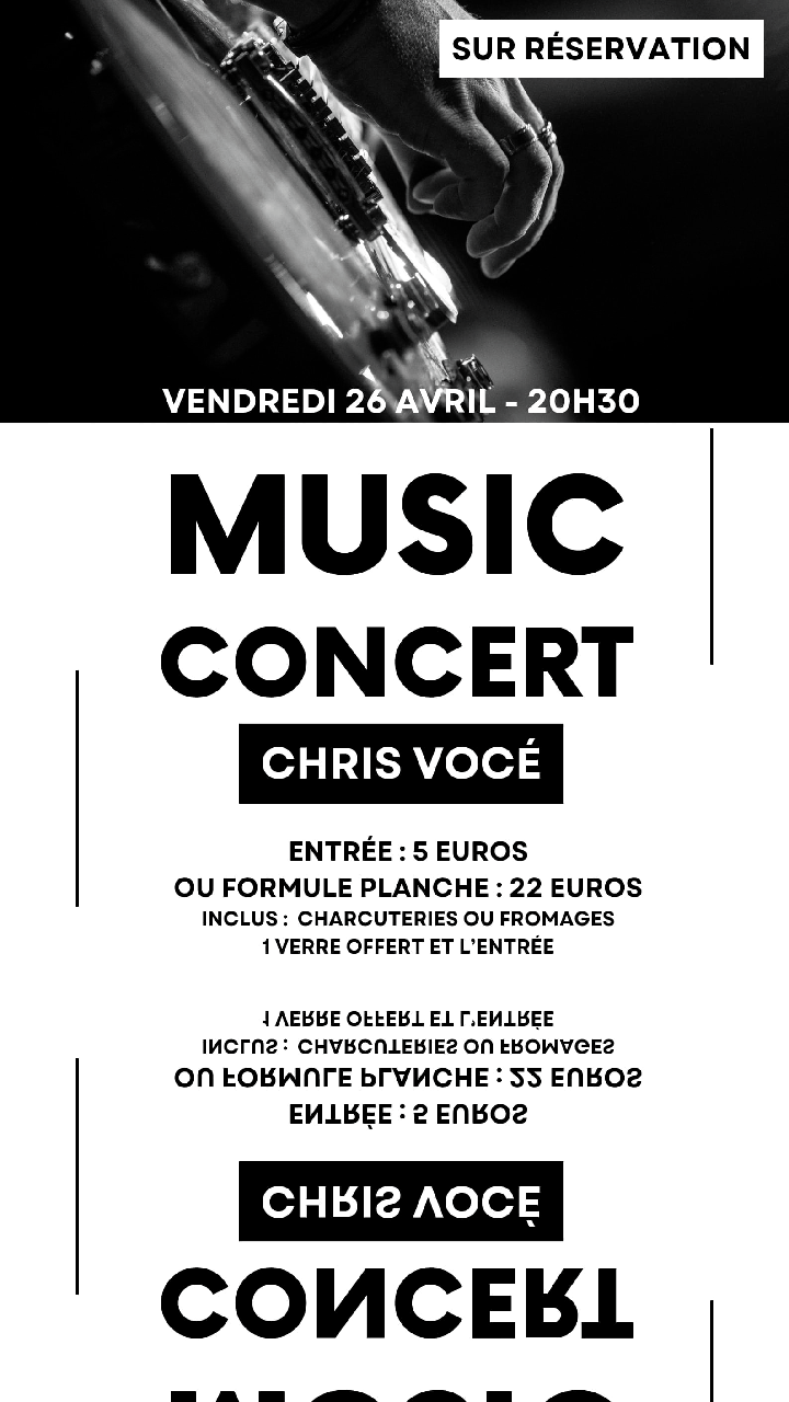 Soirée concert avec Chris Vocé ! Venez vous ambiancer sur les plus gros tubes français, anglais et italien ! 
Rendez-vous le vendredi 26 avril dès 19h30!
Entrée à 5€ ou Formule Planche à 22€ : 1 verre offert, une planche charcuteries ou fromages et une entrée.
Réservation indispensable.